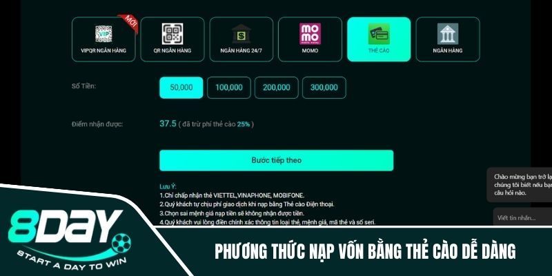 Phương thức nạp vốn bằng thẻ cào dễ dàng