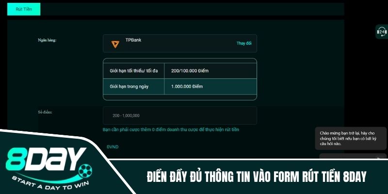 Điền đầy đủ thông tin vào form rút tiền  